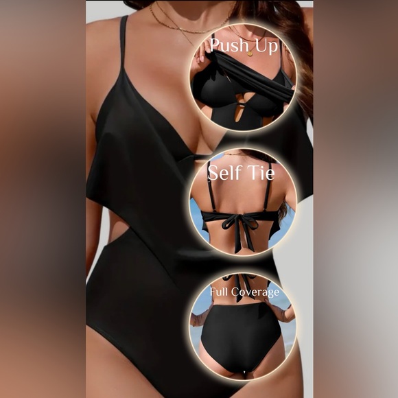 Black Push Up Cowl Neck Monokini Swimsuit - Picture 2 of 8